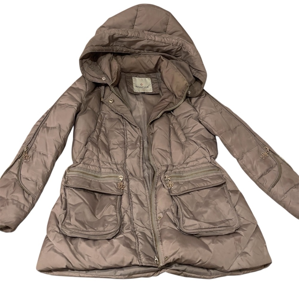 Moncler Taupe / Bison Gray Hooded Midi Puffer Jacket